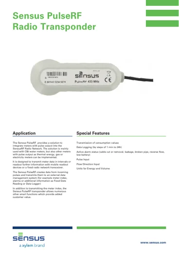 Sensus PulseRF – tehnički list